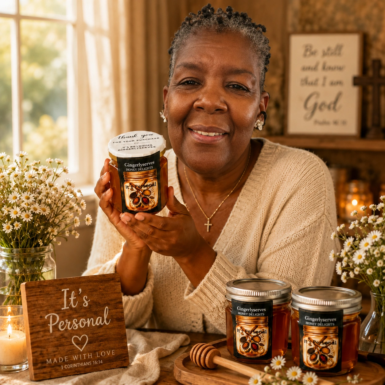 Tammy holding a jar of Gingerlyserves Honey Delights in a sunlit kitchen