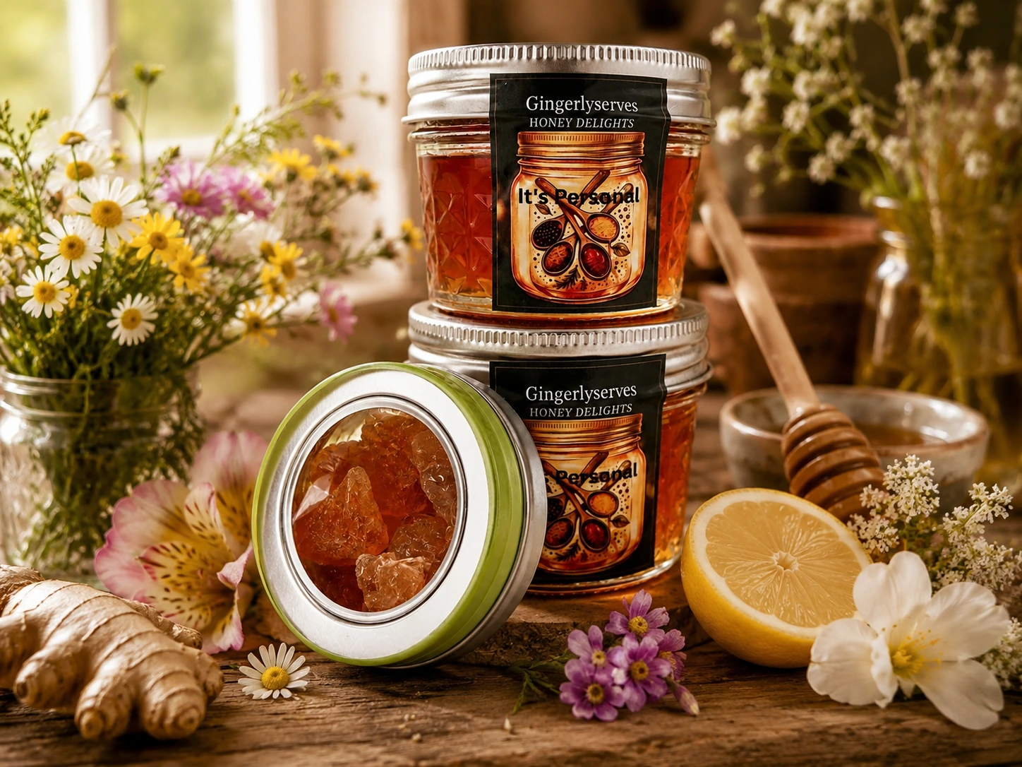 Honey Delights lifestyle flatlay with jars and fresh ingredients