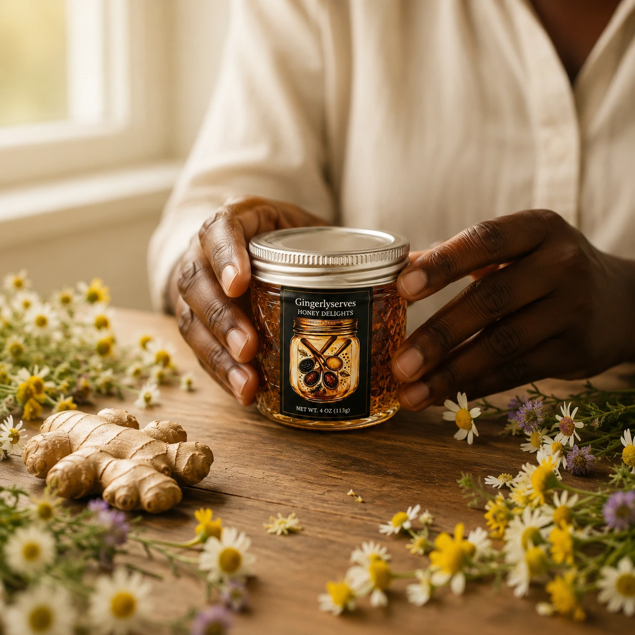 Hands gently holding an artisan honey jar