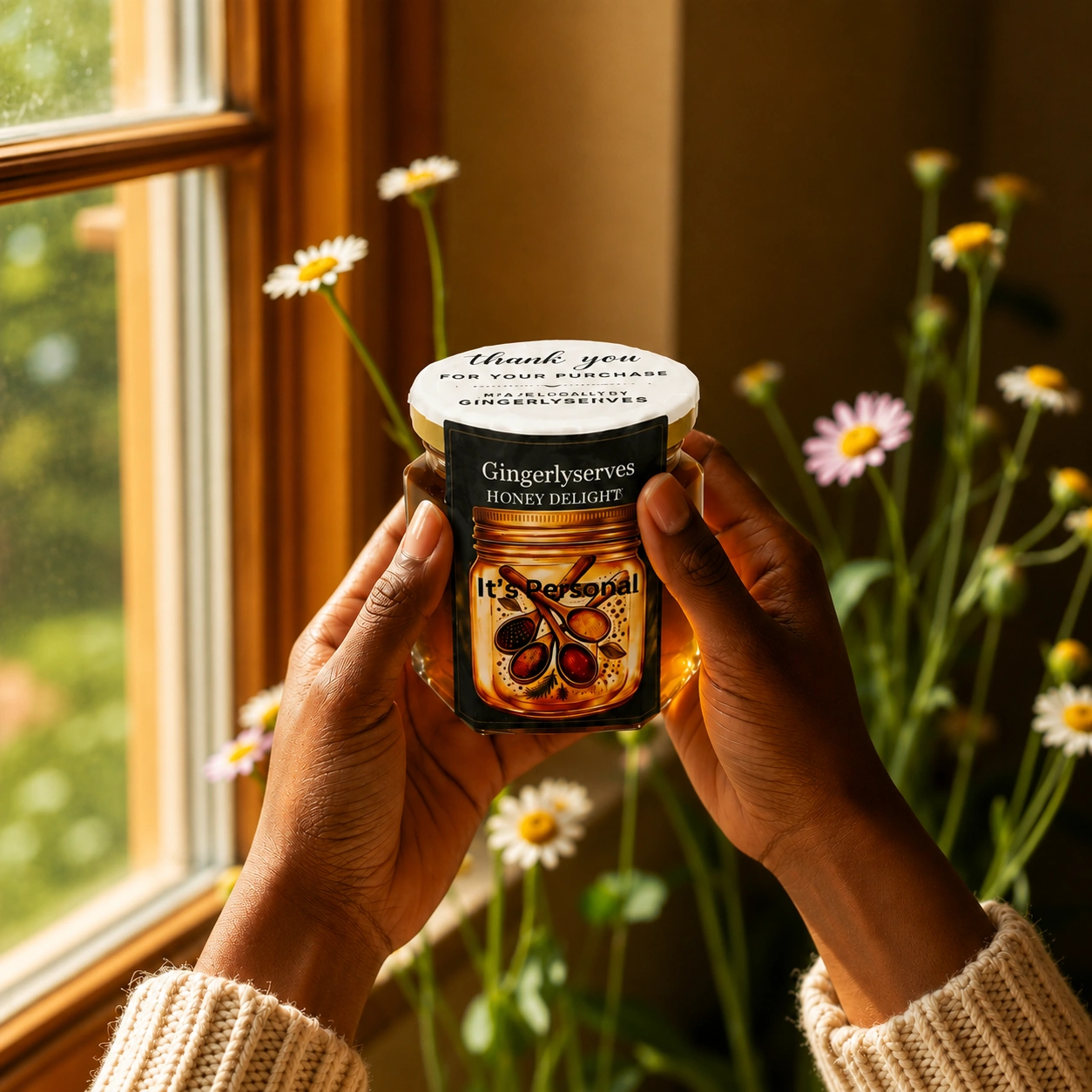 Hands holding a Gingerlyserves Honey Delight jar by a sunlit window with daisies