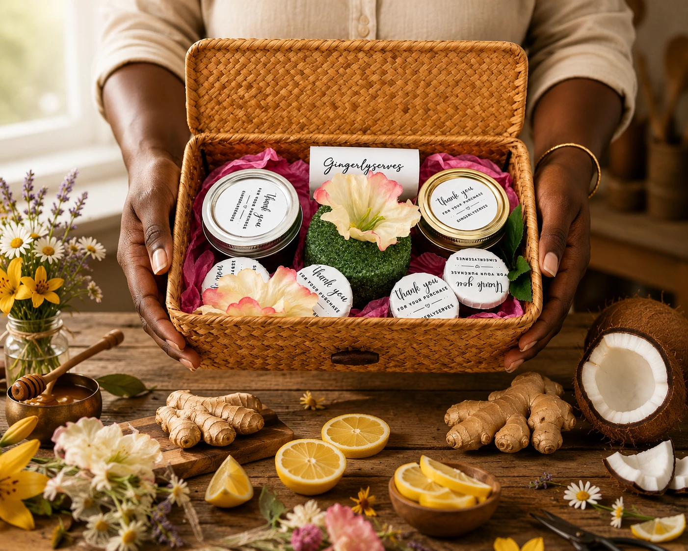 Hands holding an artisan gift basket of honey and wellness treats