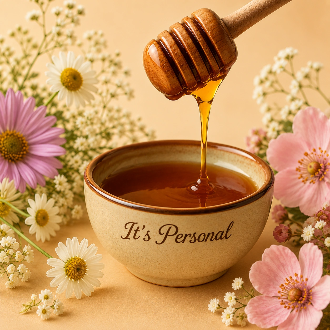 Honey dripping from a wooden dipper into a Gingerlyserves 'It's Personal' bowl surrounded by flowers