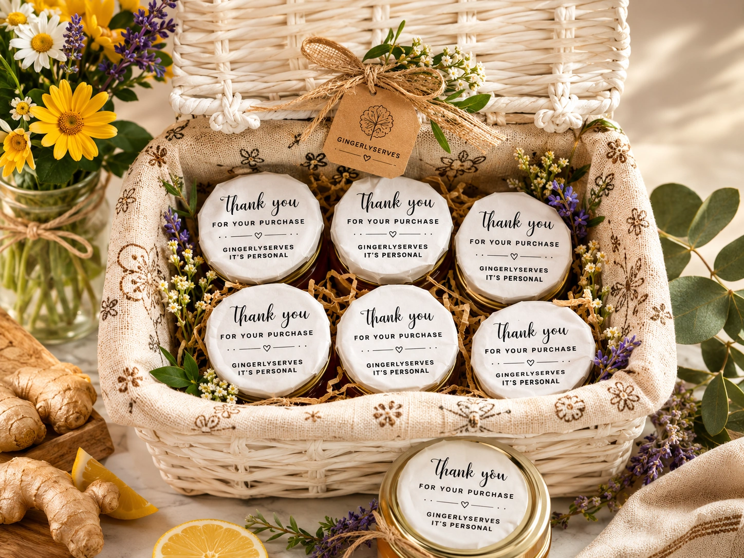 Gingerlyserves artisan gift basket with honey jars and botanicals
