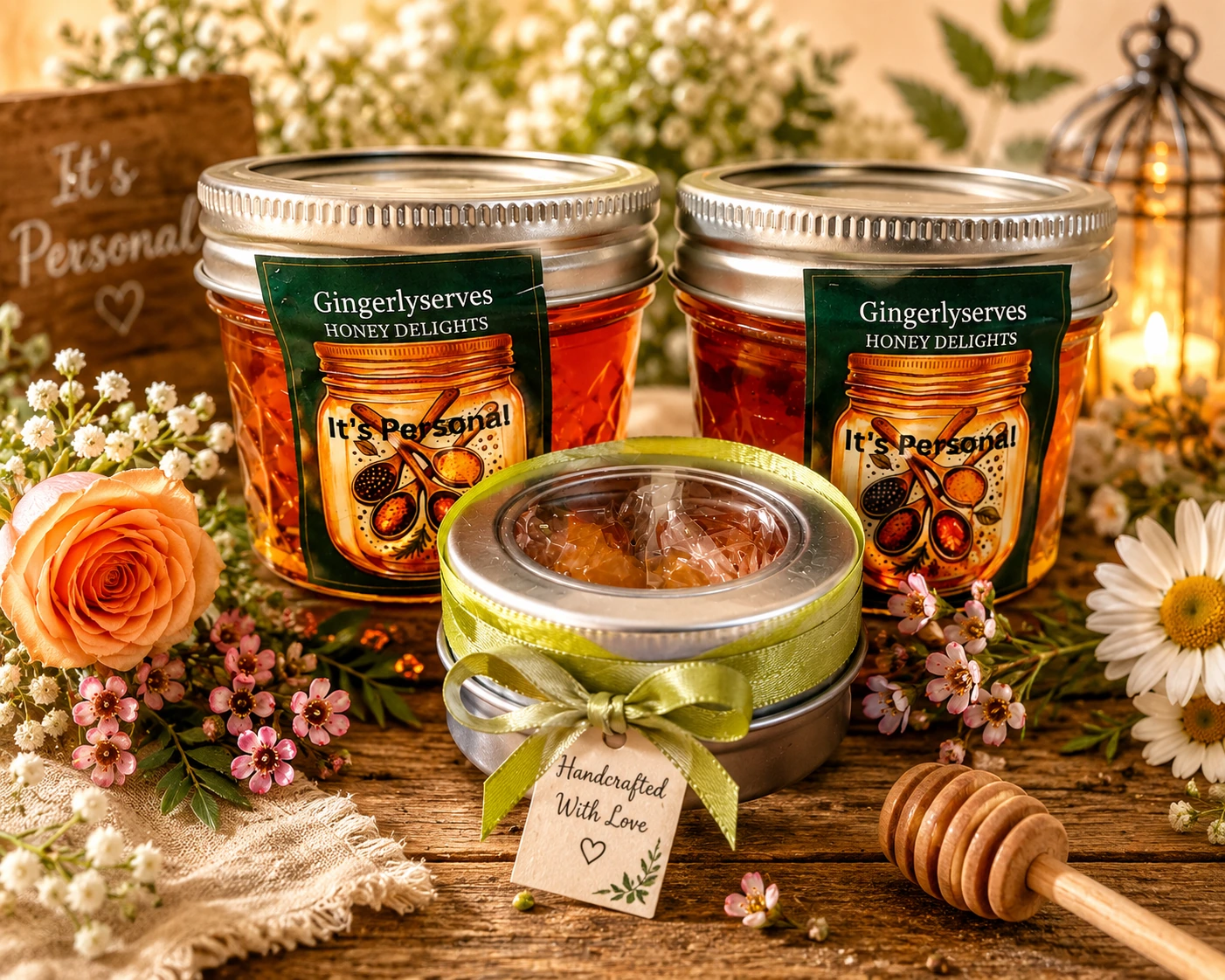 Gingerlyserves Honey Delights jars with floral styling and a honey dipper